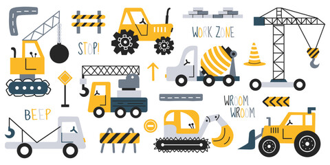 Collection of cute construction vehicles. Kids vector set with tractor, truck, concrete mixer, excavator, road wear and lettering. Set of cars in Scandinavian style. Doodle style cars. 