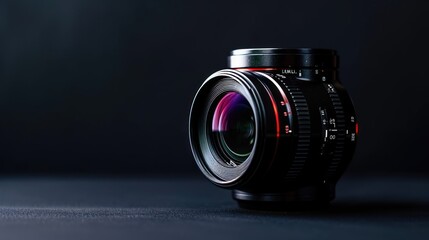  a close up of a camera lens on a black background with a red light coming from the top of the lens to the bottom of the lens to the lens.