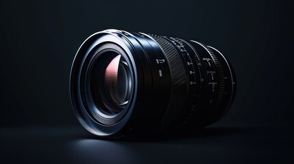  a close up of a camera lens on a black background with a red light coming from the top of the lens and the lens to the bottom of the lens.