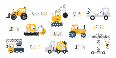  Hand drawn cute cars - tractor, cement mixer, cargo crane, bulldozer, excavator.  Children's vector set of road transportation toys. Lettering on automobile theme. Vehicle set. Cute diggers.