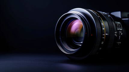  a close up of a camera lens on a dark background with a reflection of the lens on the lens and the lens cap on the lens body of the camera.