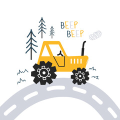 Cute hand drawn vector tractor. Vector print with cute cars for fabric, textile, wallpaper and postcard design. Children's minimalistic illustration in Scandinavian style. White isolated background.  © Hanna Bykova
