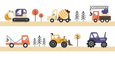 Cute construction vehicles on the road. Children vector set with tractor, truck, concrete mixer, excavator. Vector cars in scandinavian style. Hand drawn diggers. Objects on white isolated background.