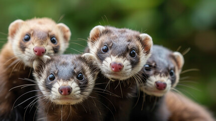 ferrets in a natural setting, showcasing their delicate features and playful expressions. The scene is set outdoors with soft, natural lighting highlighting the intricate textures of their fur