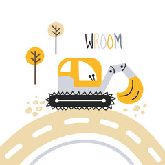 Cute vector excavator. Vector print with cute car for fabric, textile, wallpaper and postcard design. Children's minimalistic illustration in Scandinavian style. White isolated background. Wroom.
