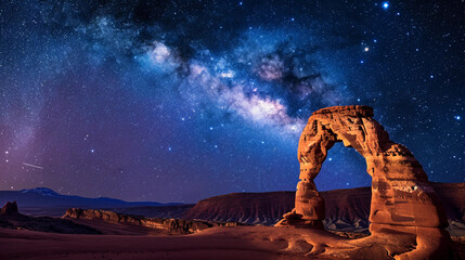 Arches National Park, showcasing the delicate arch with stars shining brightly above, and a realistic, detailed desert terrain