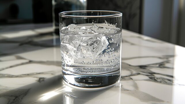  a glass filled with water sitting on top of a marble counter top next to a bottle of water and a glass filled with ice cubes of water on top of ice.
