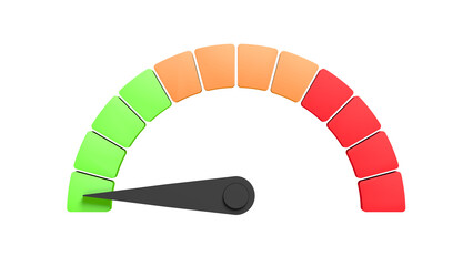 Speedometer. Isolated. Green, orange and red. 3d illustration.