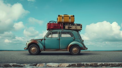 Vintage Car With Luggage on Roof Rack, Nostalgic Travel Adventure