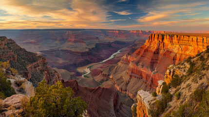 Grand Canyon National Park during a golden hour, highlighting the intricate layers of the canyon and the Colorado River