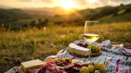 Glass of Wine Resting on Plaid Blanket at Twilight