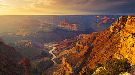 Grand Canyon National Park during a golden hour, highlighting the intricate layers of the canyon and the Colorado River