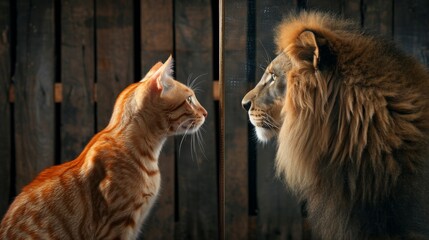 Cat Observes Lion in Mirror