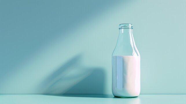  a bottle of milk sitting on top of a table next to a shadow of a person's hand on the side of the bottle and a light blue wall behind it.