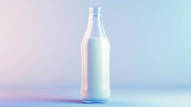 a glass bottle filled with milk on a blue and pink background with a white spot in the middle of the bottle and a pink spot in the middle of the bottle.