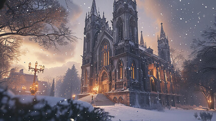 Neo-Gothic cathedral with flying buttresses and gargoyles, set in a winter landscape with snowflakes gently falling in the soft evening light