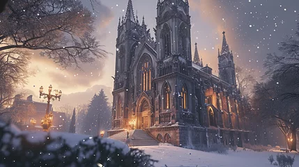 Stickers pour porte Milan Neo-Gothic cathedral with flying buttresses and gargoyles, set in a winter landscape with snowflakes gently falling in the soft evening light