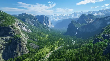 Foto op Plexiglas Half Dome Yosemite National Park featuring El Capitan and Half Dome, with lush greenery, flowing waterfalls, and the Merced River, in sharp