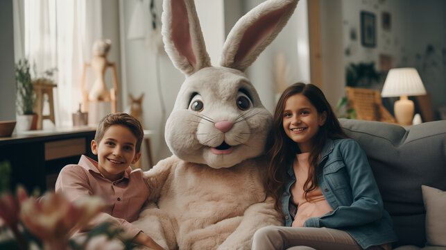 Children in family childhood with Easter bunny costume celebrating holiday in Holy Week
