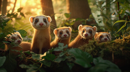 family of ferrets in a forest environment. The scene is set at dusk with golden hour lighting...