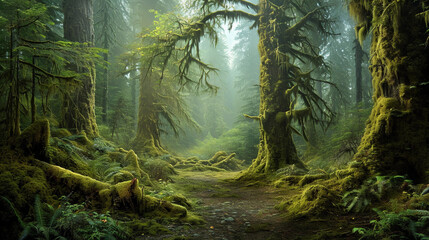 Olympic National Park with ancient trees, moss-covered ground, and a misty, ethereal atmosphere, captured in stunning realism