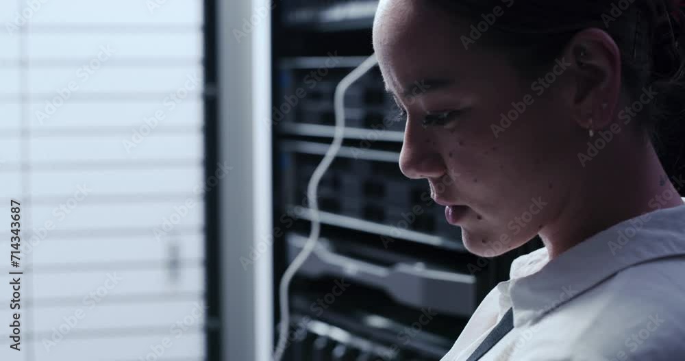 Poster Woman, server room and laptop with cables connection for system maintenance, hardware or software backup. Technician or programmer typing on computer for engineering, repair and coding in data center