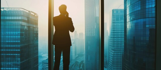 Fototapeta premium Prosperous man entrepreneur standing near a skyscraper window, looking at cityscape, talking on the phone