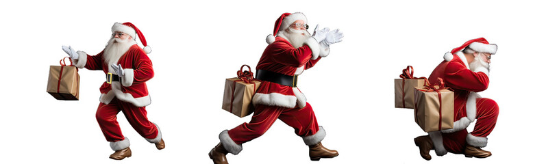 three Santa Clauses with gifts on a transparent background