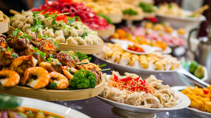 Obraz premium Top view. Chinese restaurant concept. Asian style banquet. Ai Generative