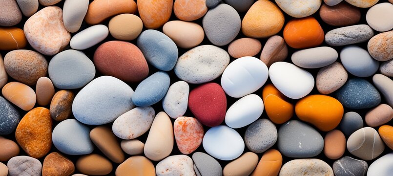Close up of colorful beach pebbles  smooth textures and vibrant hues in radiant sunlight