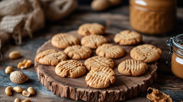  peanut butter cookies sitting on top of a wooden table next to a jar of peanut butter and a jar of peanut butter on top of a wooden slab of wood.