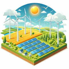 Illustration of solar panels and wind generators on a piece of land