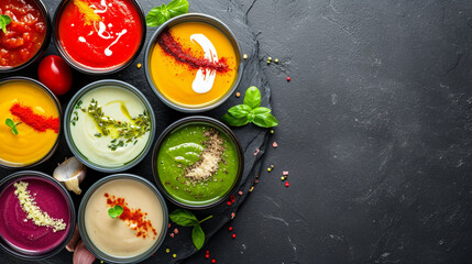 Assortment of colored vegetable cream soups,Dietary food. On a black stone background. Ai Generative - obrazy, fototapety, plakaty