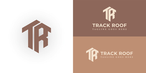 Abstract TR initial letters looping linked hexagon monogram logo in brown color presented with multiple background colors. The logo is suitable for a roofing company logo design inspiration template - obrazy, fototapety, plakaty