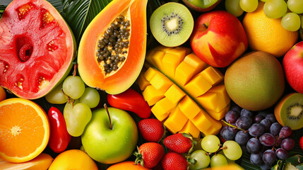 Naklejka na ściany i meble Assortment of colorful ripe tropical fruits. Top view. Ai Generative