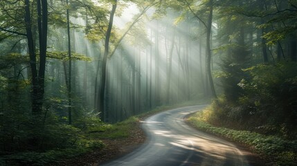  a winding road in the middle of a forest with sunbeams shining down on the trees and the road is surrounded by tall, green, leafy trees.