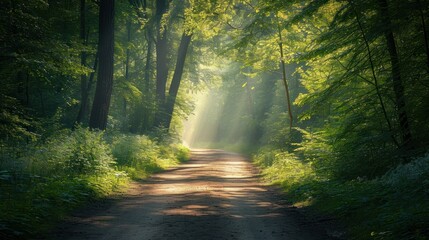  a dirt road in the middle of a forest with sunbeams shining through the trees on either side of the road is a dirt road surrounded by tall grass and trees.