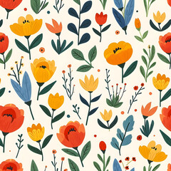 Fototapeta na wymiar Image showcases a seamless pattern featuring a vibrant illustration of assorted wildflowers and foliage in various colors and shapes