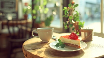  a piece of cheesecake on a plate with a cup of coffee on a table in front of a window with a potted plant and a potted plant.