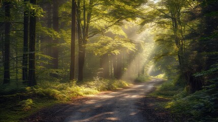  a dirt road in the middle of a forest with sunbeams shining through the trees on the other side of the road is a dirt road that runs through the woods.