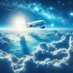 Naklejka na ściany i meble Passenger airplane flying above the clouds at night