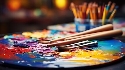 Obraz premium Vibrant palette and dynamic paintbrushes in bright studio lighting, with mixed colors and textures.