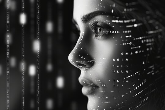 Concept of Artificial Intelligence or AI, Human face with binary codes, dots and lines - AI Generated
