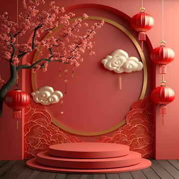 This image features a beautifully arranged Chinese New Year setting with vibrant cherry blossoms and traditional red lanterns, creating a festive and cultural atmosphere