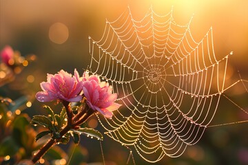 Intricate spider s web glistening with dewdrops in bright sunlight, showcasing delicate patterns