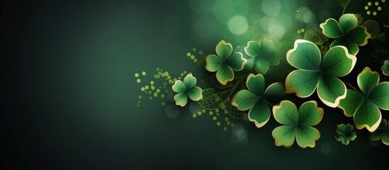 Happy Saint Patrick's Day with green and gold shamrocks clover leaf background. AI generated image - obrazy, fototapety, plakaty