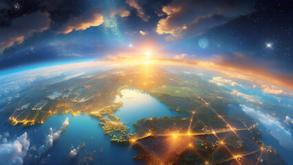 Panoramic view on planet Earth globe from space. Glowing city lights, light clouds. 