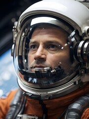 Close-up of a surprised astronaut with a reflection in his visor. Generative AI