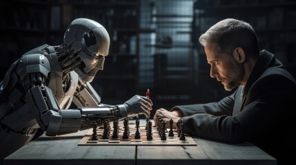 Artificial intelligence android vs human. Robot plays chess with a man. Rivalry, battle, fight. AI Generated