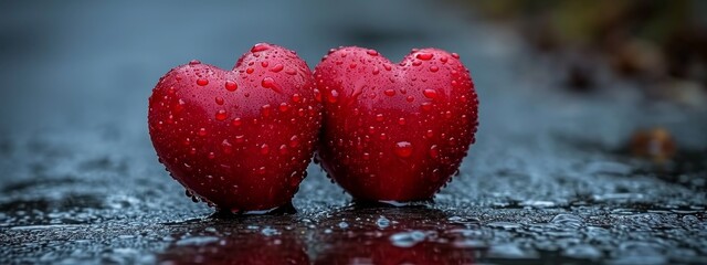 Twin red hearts covered in raindrops on dark wet pavement